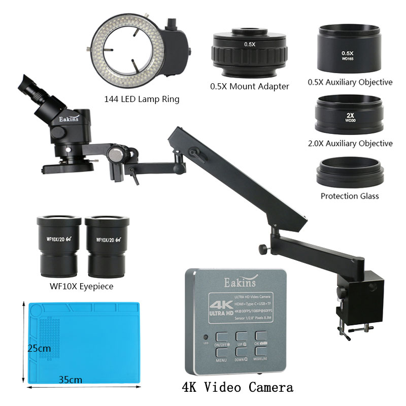 Simul-Focal Industrial Microscope 4K Hdmi - 3.5X - 90X Articulating Arm Trụ